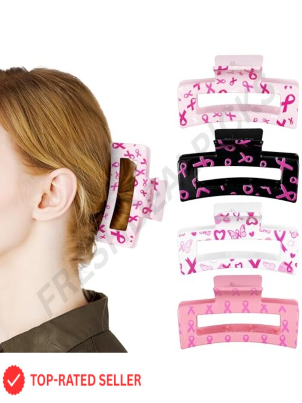4Pc Pink Ribbon Hair Claw Clips Nonslip Plastic Breast Cancer Awareness